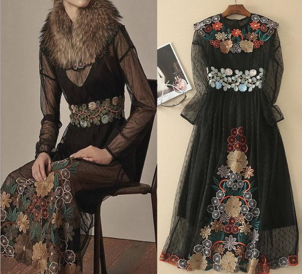 Black Tulle Embroidery Applique Long Women Dress Gorgeous Long Sleeves Milan Runway Vestidos De Festa 110139