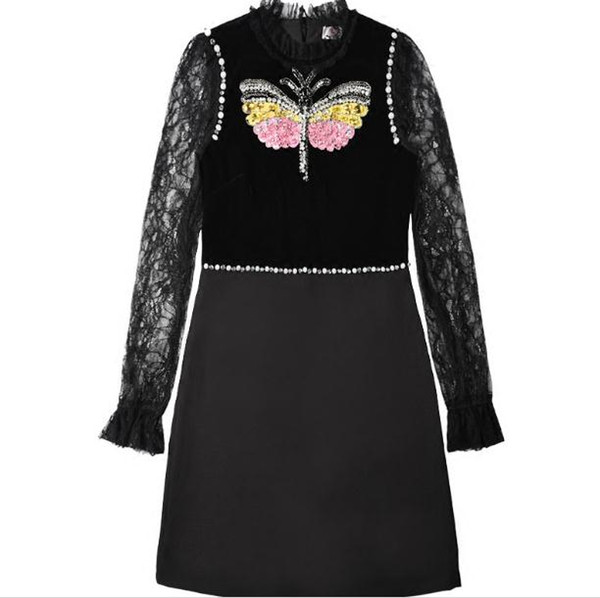 2017 Autumn Black Stand Collar Sheer Long Sleeves Lace Women Dress Brand Same Style Beads Dragonfly Crystals Celebrity Style Dress 111202