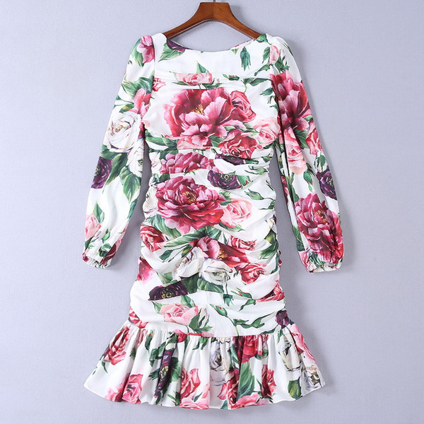 Peony peony flower Print Long Sleeves Designer Women Dress Milan Runway Pleats Mermaid Dressese 90387-1