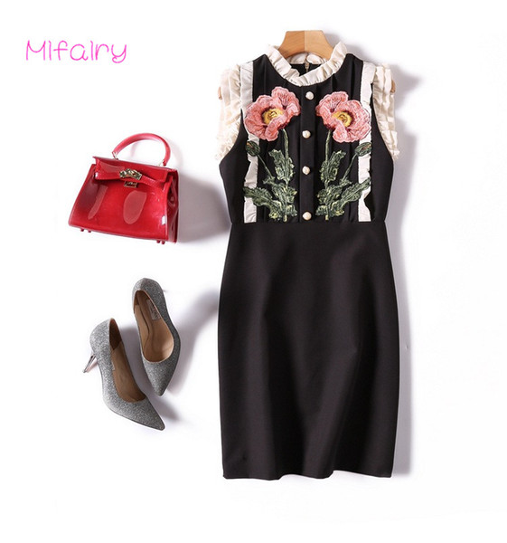 Mifairy 2017 Autumn Black Stand Collar Sleeveless Mini Women Dress Brand Runway Florals Embroidery Vestidos De Festa DH011