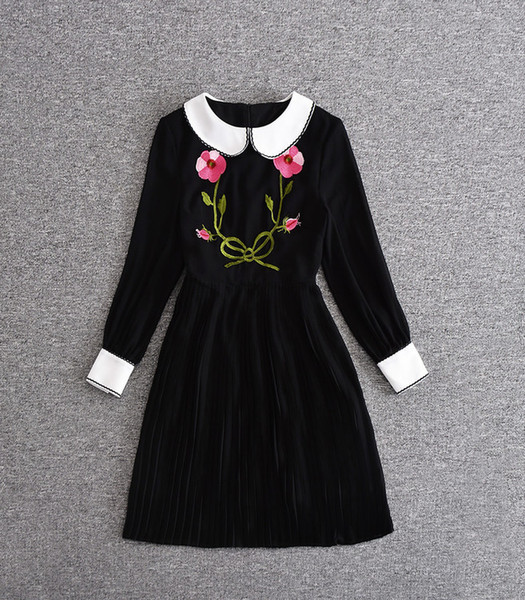 Mifairy 2017 Black Long Sleeves Peter Pan Collar Floral Embroidery Women Silm Dress Celebrity Style Dress high End Dresses 80208