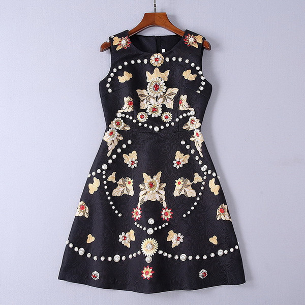 Autumn Black Sleeveless Jacquard Short Women's Dress Flowers Print Beads Sequins A Line Short Women's Dress DH082009