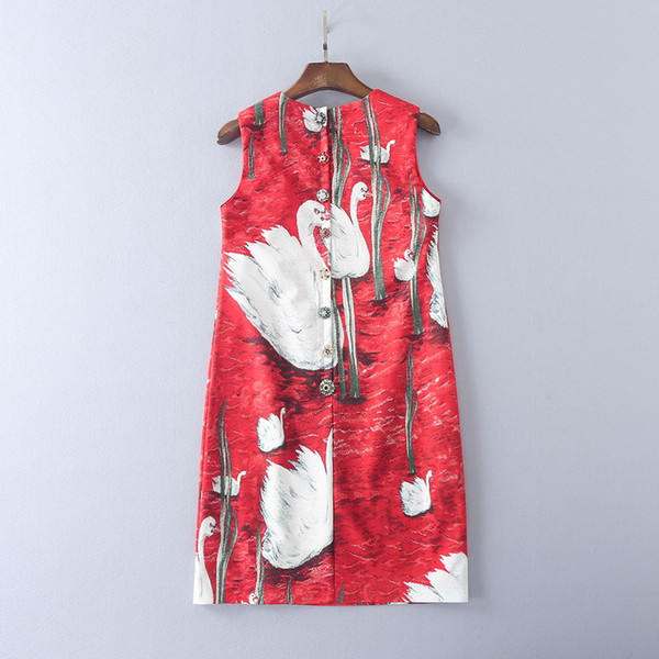 Red Sleeveless Jacquard Short Women's Dress Swan Print Beads A Line Short Women's Dress 062410