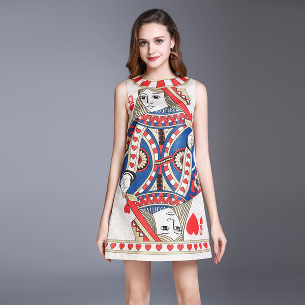 White Sleeveless Jacquard Short Women's Dress Red Queen Print Beads Sequins A Line Short Women's Dress 062425