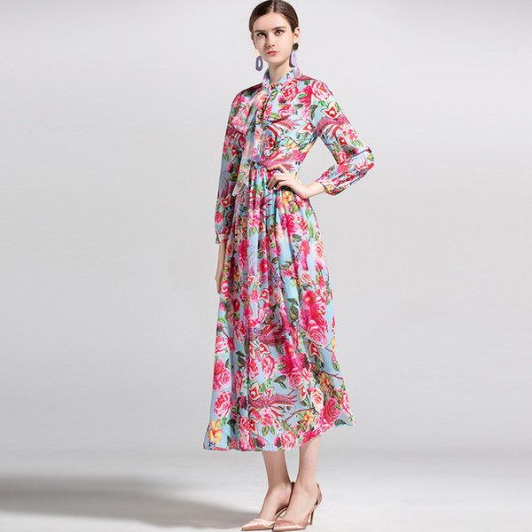 Runway Dress Blue Florals Hydrangea Print Long Women Dress Long Sleeves Bohemian Holiday Maxi Dress DH082205