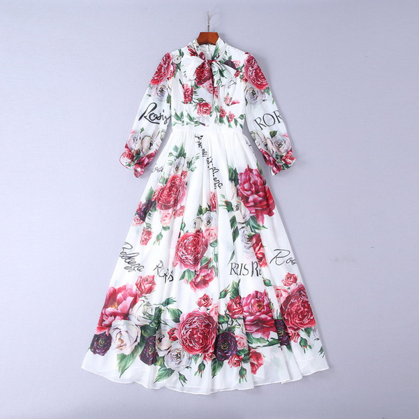 Mifairy Runway Dresses Autumn Flowers Print Bowknot Long Sleeves High Quality Women's Dress Vestidos De Festa DH082104