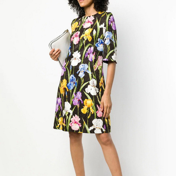 Runway Dress Black Top Quality 1/2 Sleeves O-Collar Flowers Print Slim Dress Vestidos De Festa Women's dress DH082103