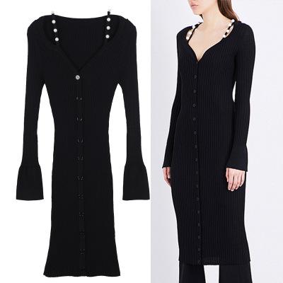 Free Shipping 2017 Black V Collar Long Sleeves Long Pullover Women Brand Same Style Shoulder Pearls Bodycon Knitting Dress Women DH305