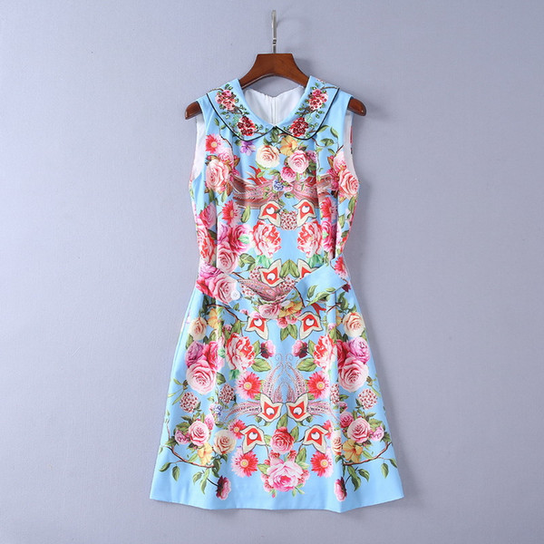 Blue Sleeveless Jacquard Short Women's Jumpers Flowers Print Beads Sequins A Line Short Women's Dress D64