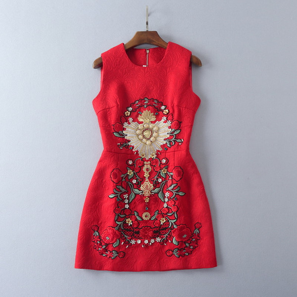 Red Sleeveless Jacquard Short Women's Dress Flowers Print Beads A Line Short Women's Dress 062405