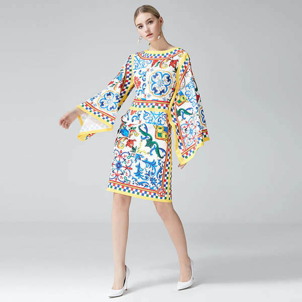 Milan Runway Dress Autumn White ceramic Print Zipper Trumpet sleeves Women's Dress Bohemian Dresses DH082209