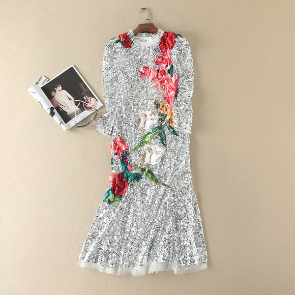 2018 Summer White Long Sleeve Jacquard Long Women's Dress Flowers Print Beads Sequins A Line Long Women's Dress 062612