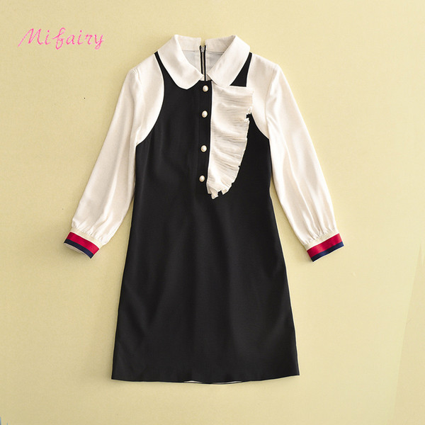 Mifairy 2017 Black White Patchwork Lapel Neck Long Sleeves Autumn Women's Dress Beads Ruffles Milan Runway Dress DH016