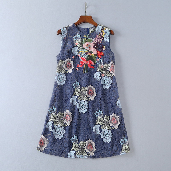 Blue Sleeveless Jacquard Short Women's Jumpers Flowers Lace Print Beads Sequins A Line Short Women's Dress D67