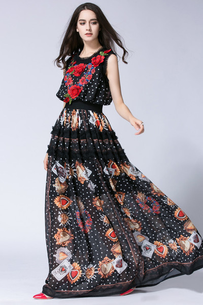 Runway Dress Black Crew Neck Sleeveless Flowers Print Long Women Dress Bohemian Holiday Beach Long Dress 062618