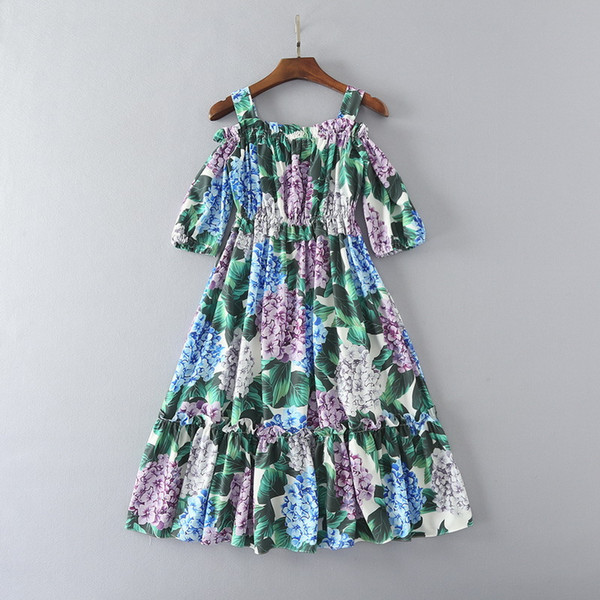 2018 Green Hydrangea Print Off The Shoulder Spaghetti Straps Short Women Dress Milan Runway Vestidos De Festa 110136