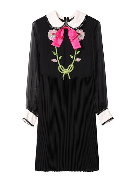 Milan Runway Dress 2017 Black Peter Pan Collar Long Sleeves Sheer Mesh Tiger Head Floral Embroidery Sequins Women Dress DH0105