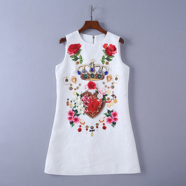 2018 White Sleeveless Jacquard Short Women's Jumpers Crown Flowers Print Beads Sequins A Line Short Women's Dress D63