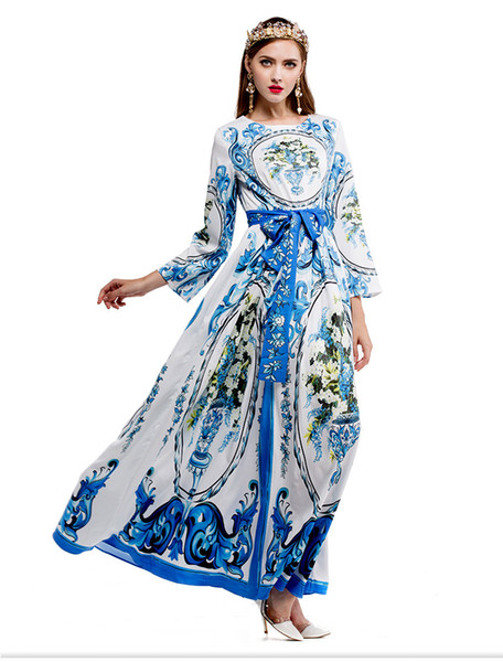 Runway Dress 2017 Blue Print Long Women Dress High End Long Sleeves Empire Maxi Gown With Sash DH004