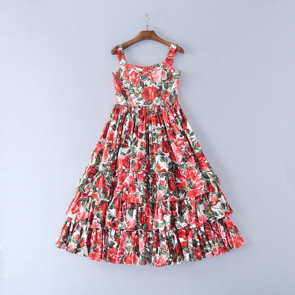 Red Rose Flowers Print Mrmaid Women Holiday Dress Brand Same Style slleeveless Milan Runway Dress 11902