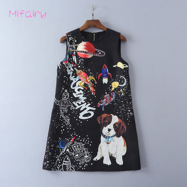 2017 Black O Neck Sleeveless Short Jumper Skirt Dogs Space Man Jacquard A Line Women's Dress 92411