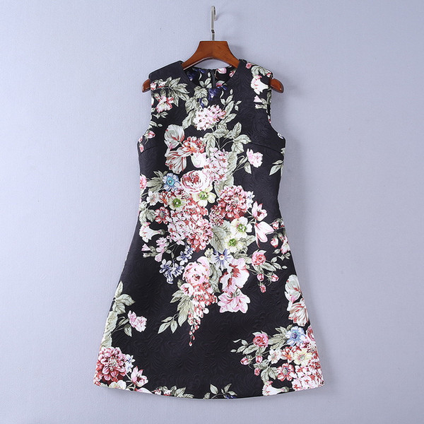 Black Sleeveless Jacquard Short Women's Jumpers Flowers Print Beads Sequins A Line Short Women's Dress D53