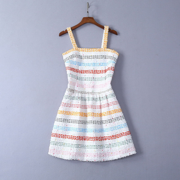 Colorful Striped Spaghetti Strapss Short Women Dress Designer Tweed Vestidos De Festa Milan Runway Dress yy-91