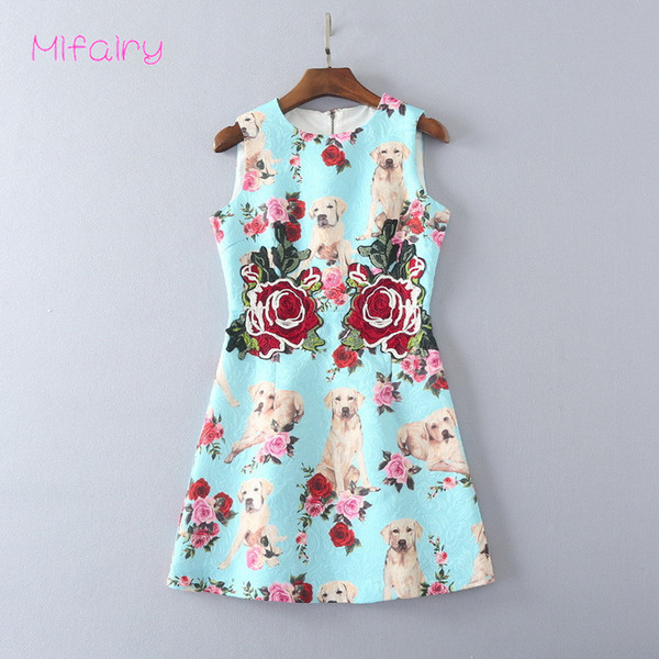 2017 Sky Blue Sleeveless Roses Embroidery Jacquard Short Jumper Skirt Dogs Print Solid Flowers A Line Women's Dress 92403