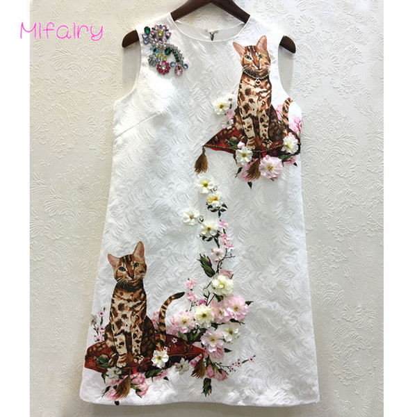 2017 White O Neck Sleeveless Cats Jacquard Short Jumper Skirt Solid Flowers Beads Crystals A Line Women's Dress 92410