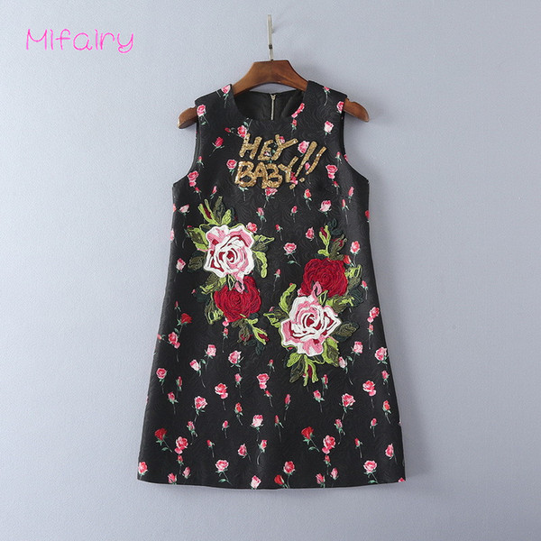 2017 Black O Neck Sleeveless Roses Jacquard Short Jumper Skirt Hey Baby Letter Sequins A Line Women's Dress 92418