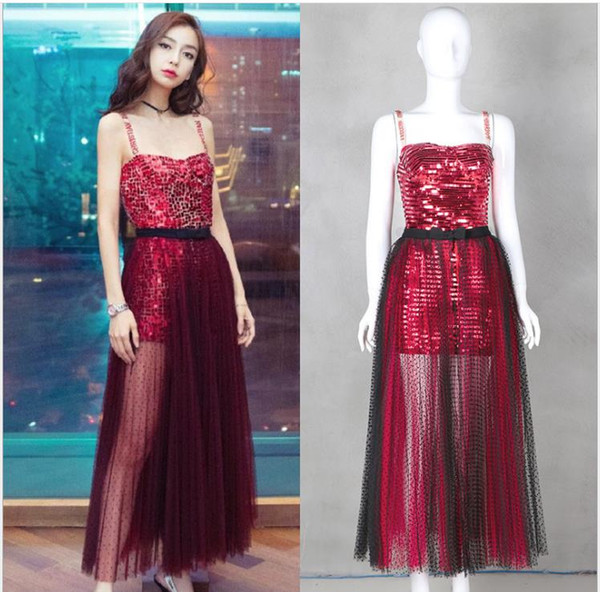 Spring Red Spaghetti Straps Long Women Dress Blingbling Sequins Mesh Brand Same Style Dress y11308