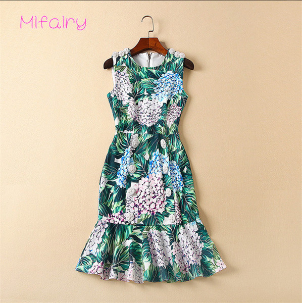 High End 2017 Green Leafs Hydrangea Print Mermaid Women Dress Milan Runway Button Vestidos De Festa 92906