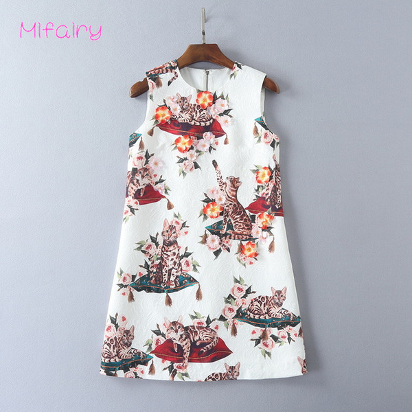 2017 Apricot O Neck Sleeveless Cats Jacquard Short Jumper Skirt Solid Flowers A Line Women's Dress 92416