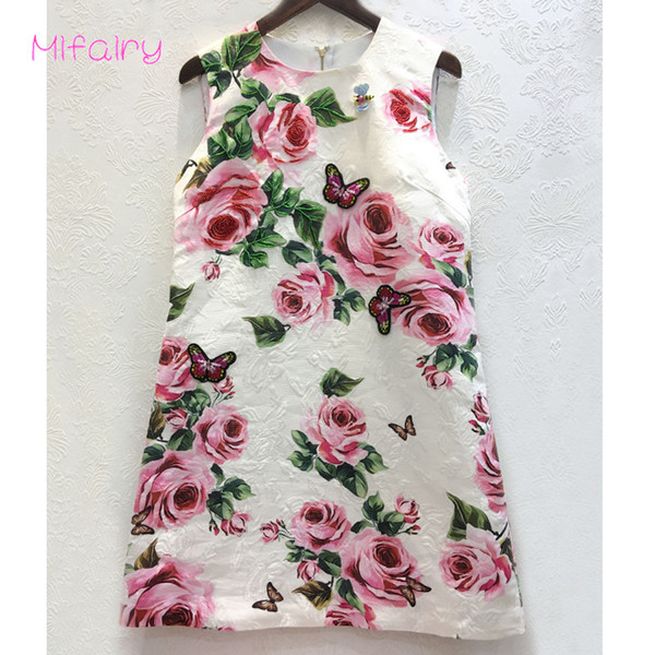 2017 White O Neck Sleeveless Roses Jacquard Short Jumper Skirt Butterfly Bee Beads Embroidery A Line Women's Dress 92412