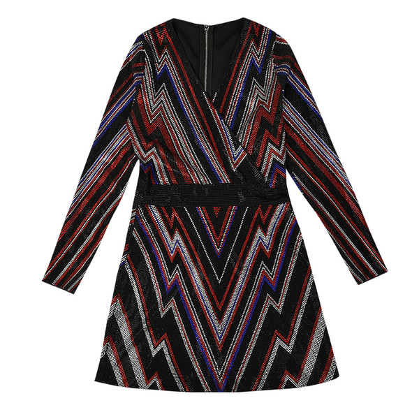 Milan Runway Dress Colorful Striped Sequins Beads Women's Dress Deep V Collar Long Sleeves Designer Dresses Women 90716