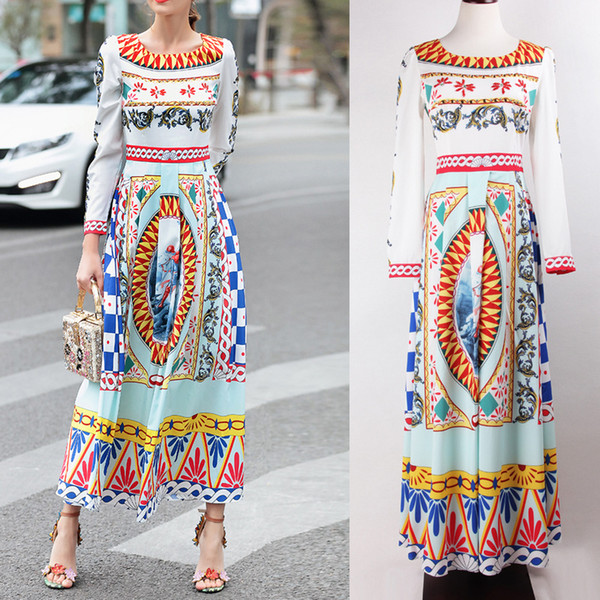 S/M/L/XL/XXL/XXXL Vintage Court Print Maxi Gown Designer O Neck Long Sleeves Floor Length Celebrity Style Dress