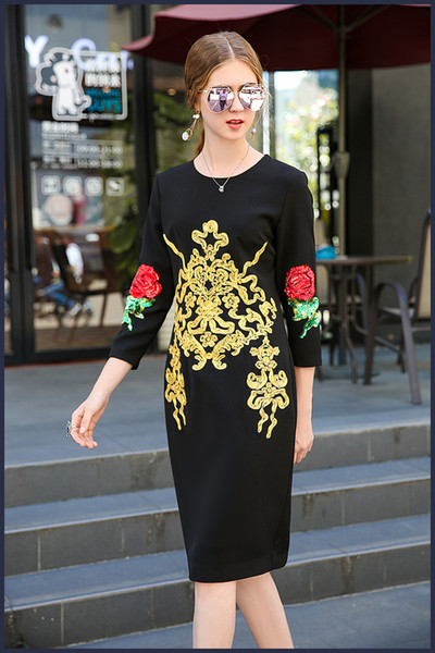 Mifairy 2017 Autumn Black 3/4 Long Sleeves Bodycon Women Dress Florals Embroidery Sequins Mini Dresses Women DH013