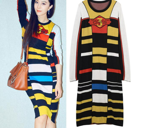 2018 Colorful Striped Letter Embroidery Long Sleeves Long Pullover Women Brand Same Style Shoulder Pearls Bodycon Knitting Dress 110111