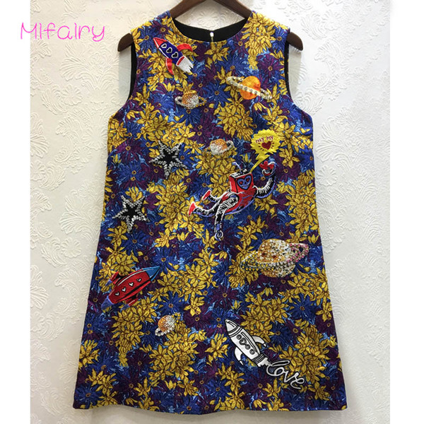 2017 Blue O Neck Sleeveless Gold Jacquard Short Jumper Skirt Vintage Letter Beads Crystals A Line Women's Dress 92408