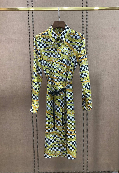 Milan Runway Dress Designer Yellow Print Women Dress High End Lapel Neck 100% Silk Vestidos De Festa 50110