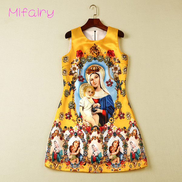 2017 Yellow Christ Child Jacquard Short Tank Dress Crystals Beads Mercerized Cotton A Line Women's Dress 100121