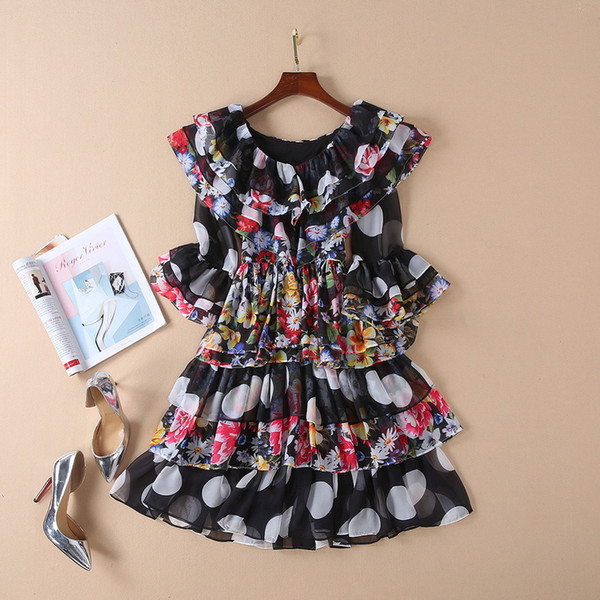 Chiffon Black Ruffled Flower print Sleeveless Mrmaid O neck Women Holiday Dress Brand Same Style Spot Milan Runway Dress 11907