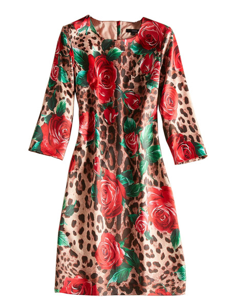 Roses Print Women Sheath Dress Round Neck 3/4 Sleeve Casual Dresses 05K884