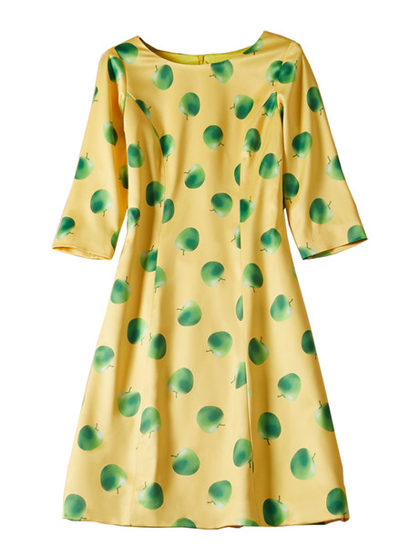 Fashion Green Apples Print Women Sheath Dress 3/4 Sleeves Casual Dresses 09K1954