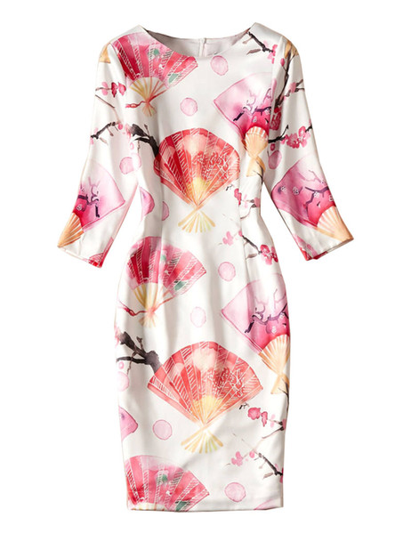 Flowers And Fans Print Women Sheath Dress 3/4 Sleeve Autumn Dresses 10K1973