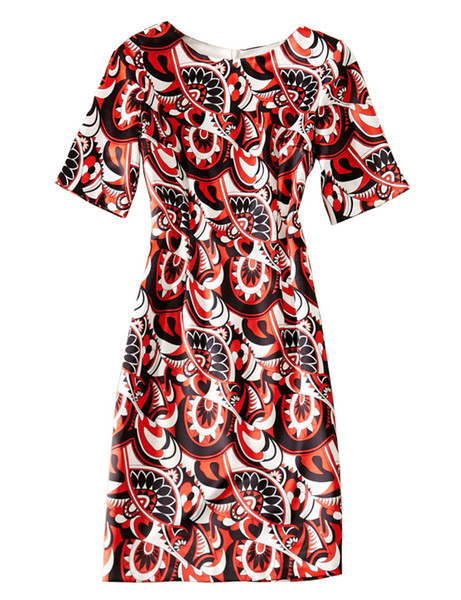 Fashionr Print Women Sheath Dress Round Neck Short Sleeve Party Dresses 08K1944