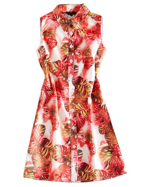 Leaves Print Women A-Line Dress Laple Neck Sleeveless Casual Dresses 04K1013