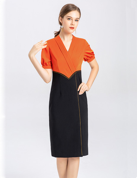 Color Block Women Sheat Dress Pleated Short Sleeve OL Office Lady Work Dresses 01HX9137