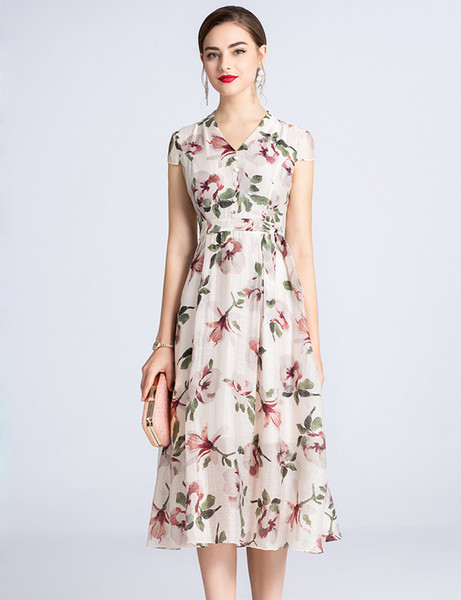 Flower Print Women A-Line Dress Cap Sleeve Casual Dresses 05HX940