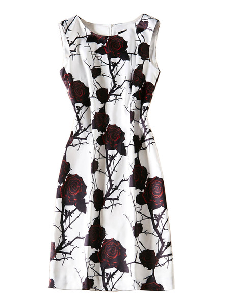 Rose Print Women Sheath Dress Round Neck Sleeveless Party Dresses 07K1909